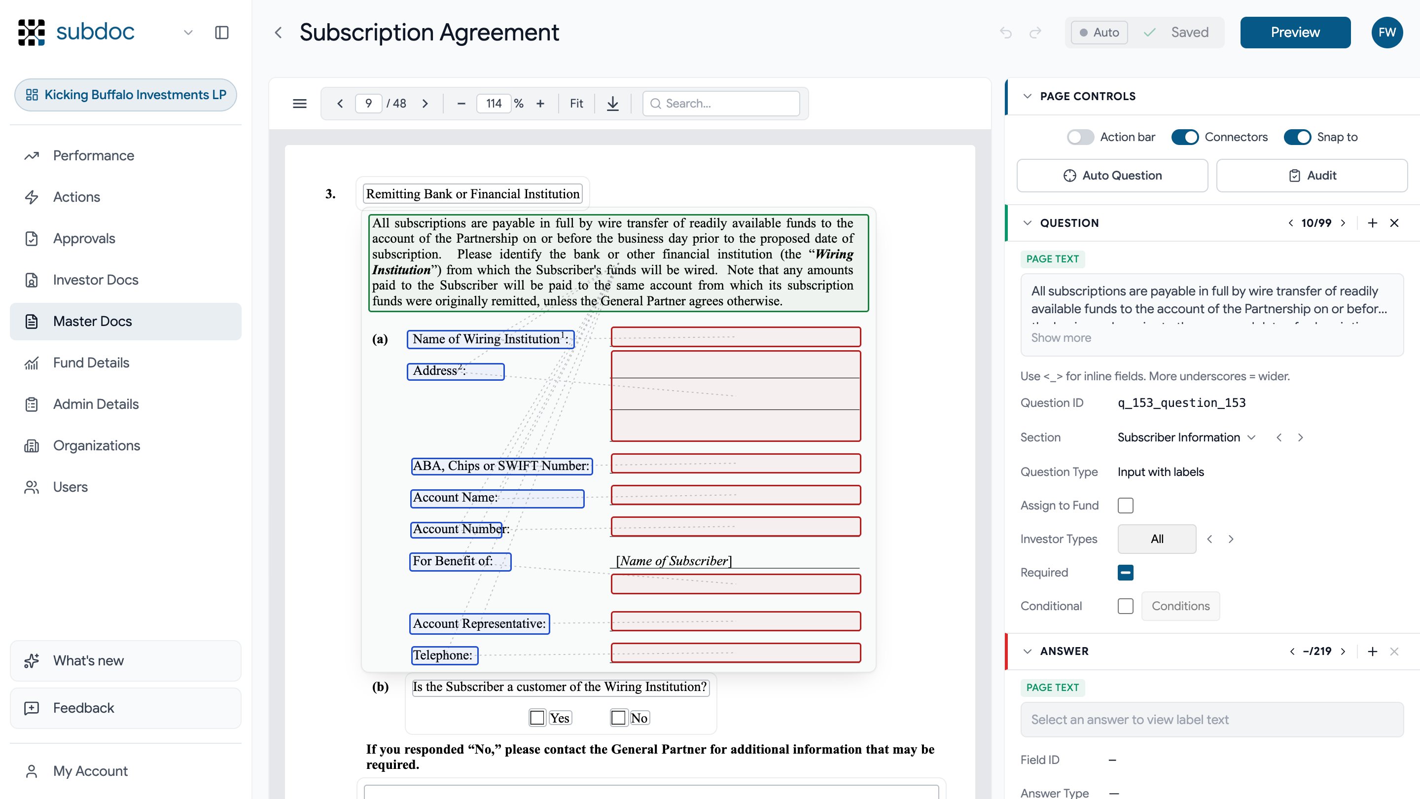 The configurator: a subscription agreement page with the wiring-instructions question and its answer fields outlined on the PDF